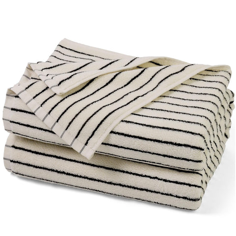 Jacquotha front view showing black and ivory striped towels, stylish bathroom upgrade