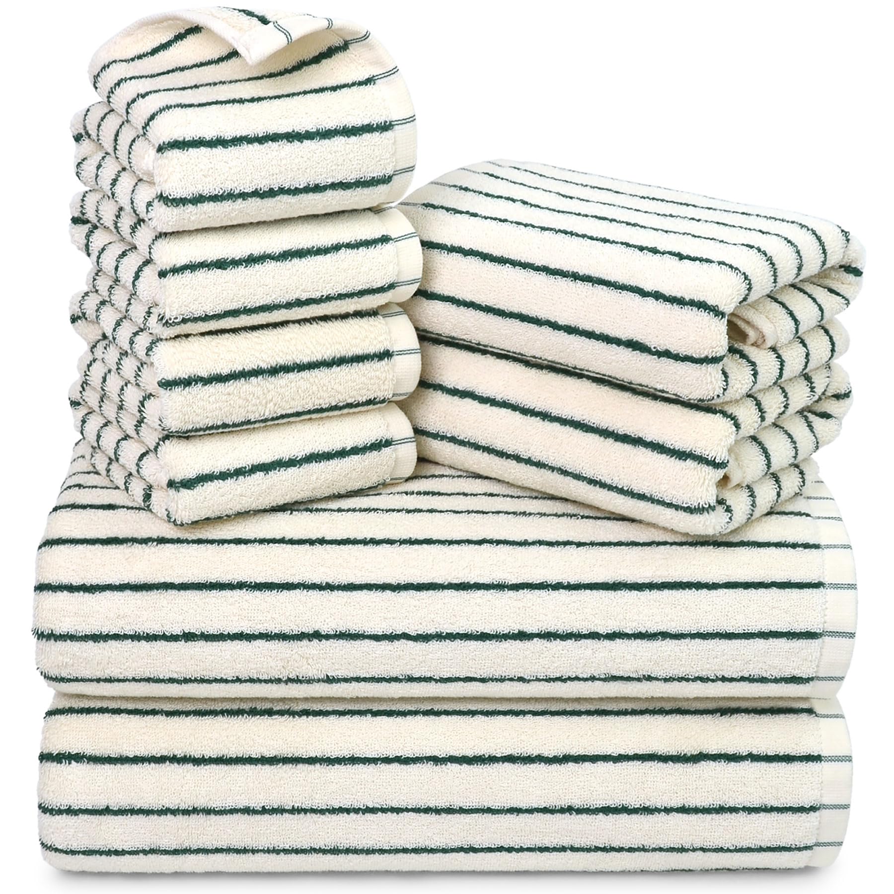 Jacquotha front packaging showing green striped towel set and neat fold benefit