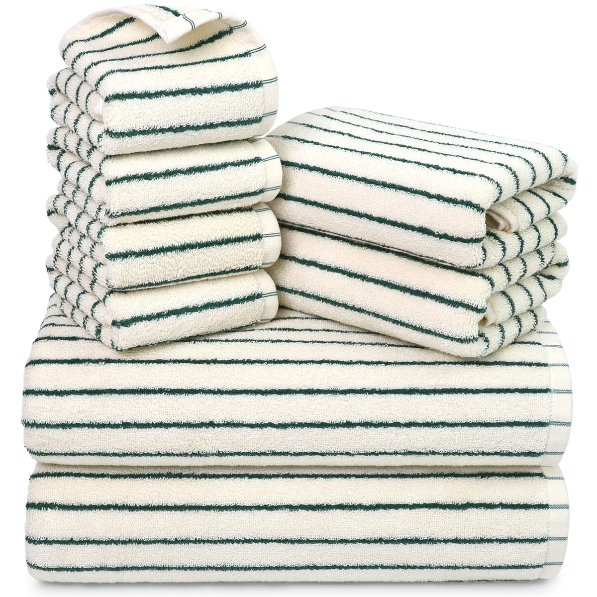 Jacquotha front packaging showing green striped towel set and neat fold benefit