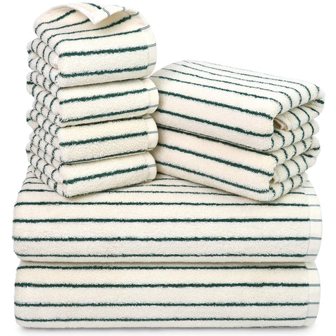 Jacquotha front packaging showing green striped towel set and neat fold benefit