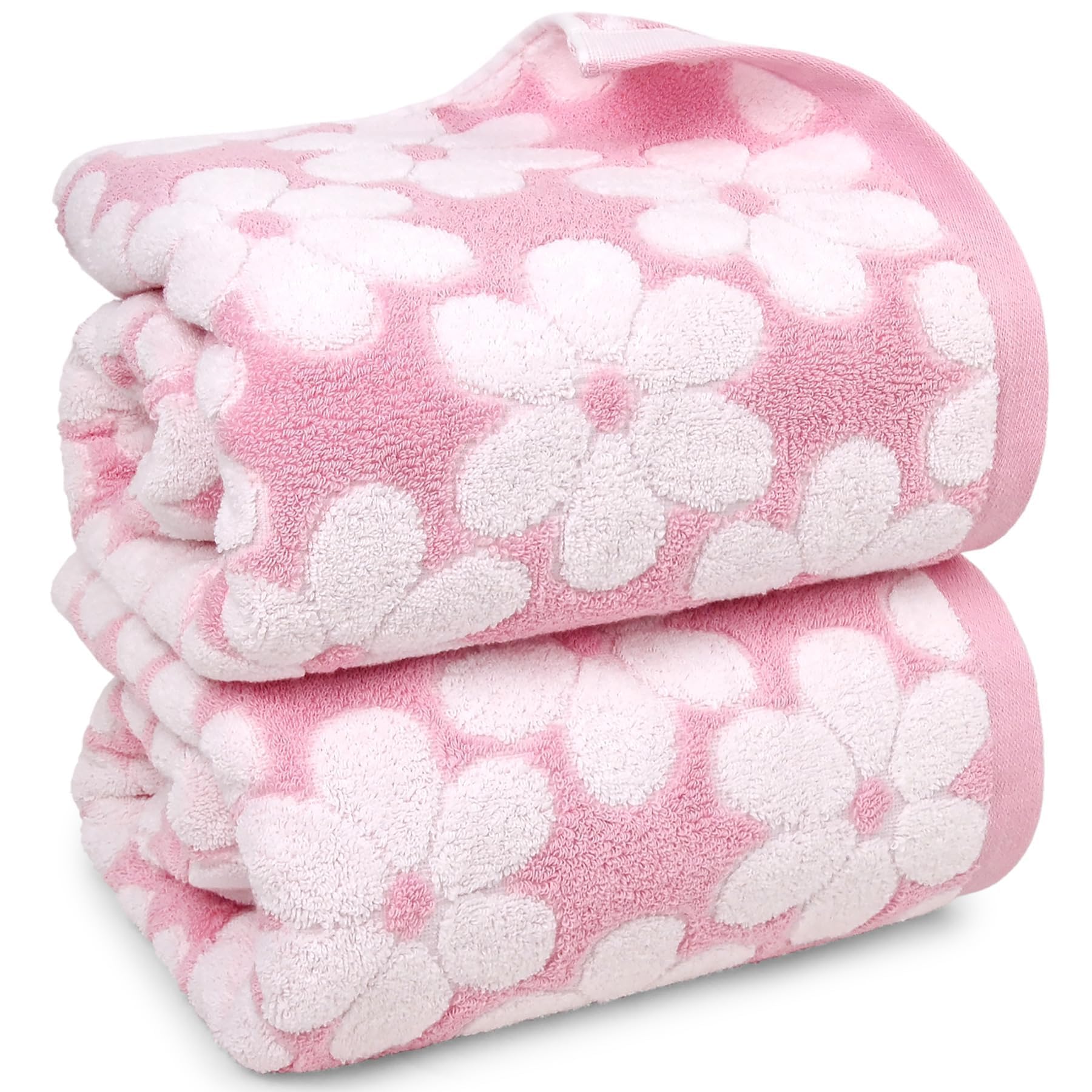 Jacquotha front view of two pink towels showing size and decorative look