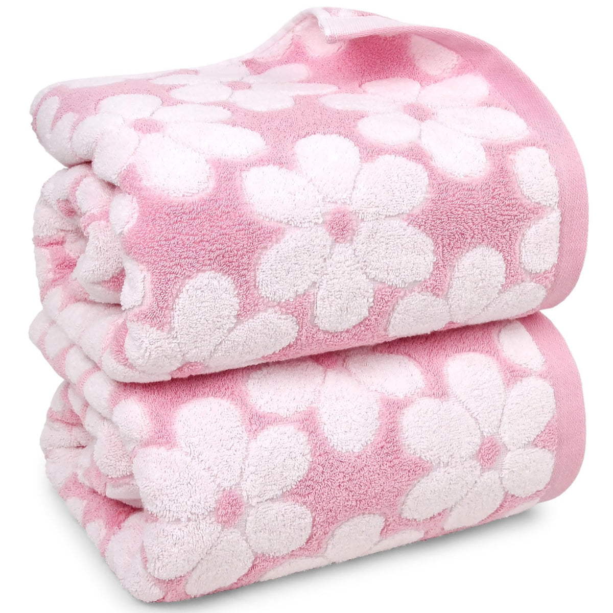 Jacquotha front view of two pink towels showing size and decorative look