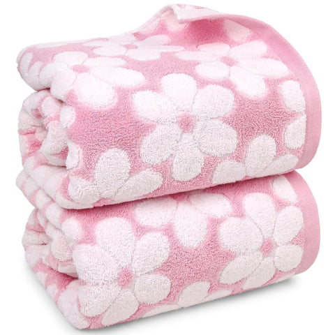 Jacquotha front view of two pink towels showing size and decorative look