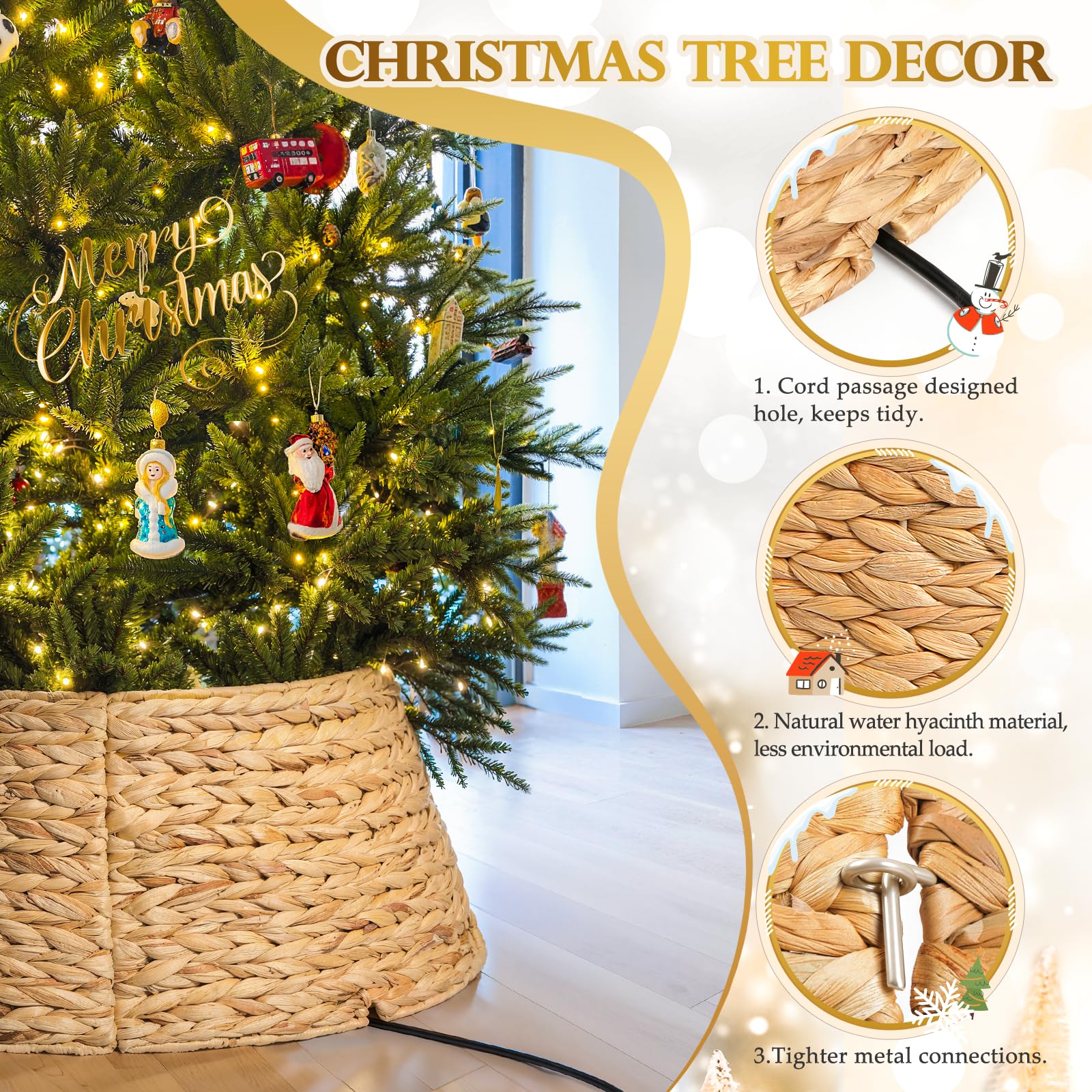 Jadkysarh tree collar installed under decorated Christmas tree for neat presentation