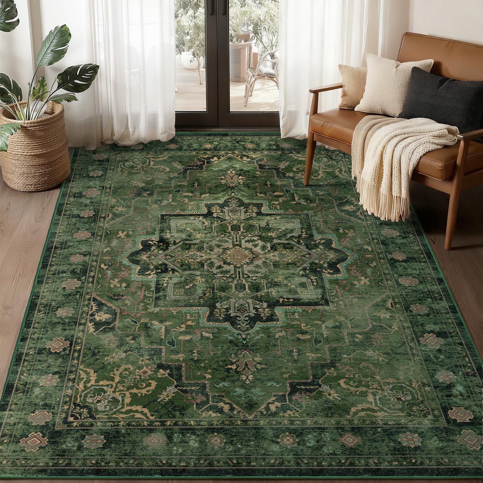 Jainmy front view of vintage dark green rug shows pattern and curb appeal