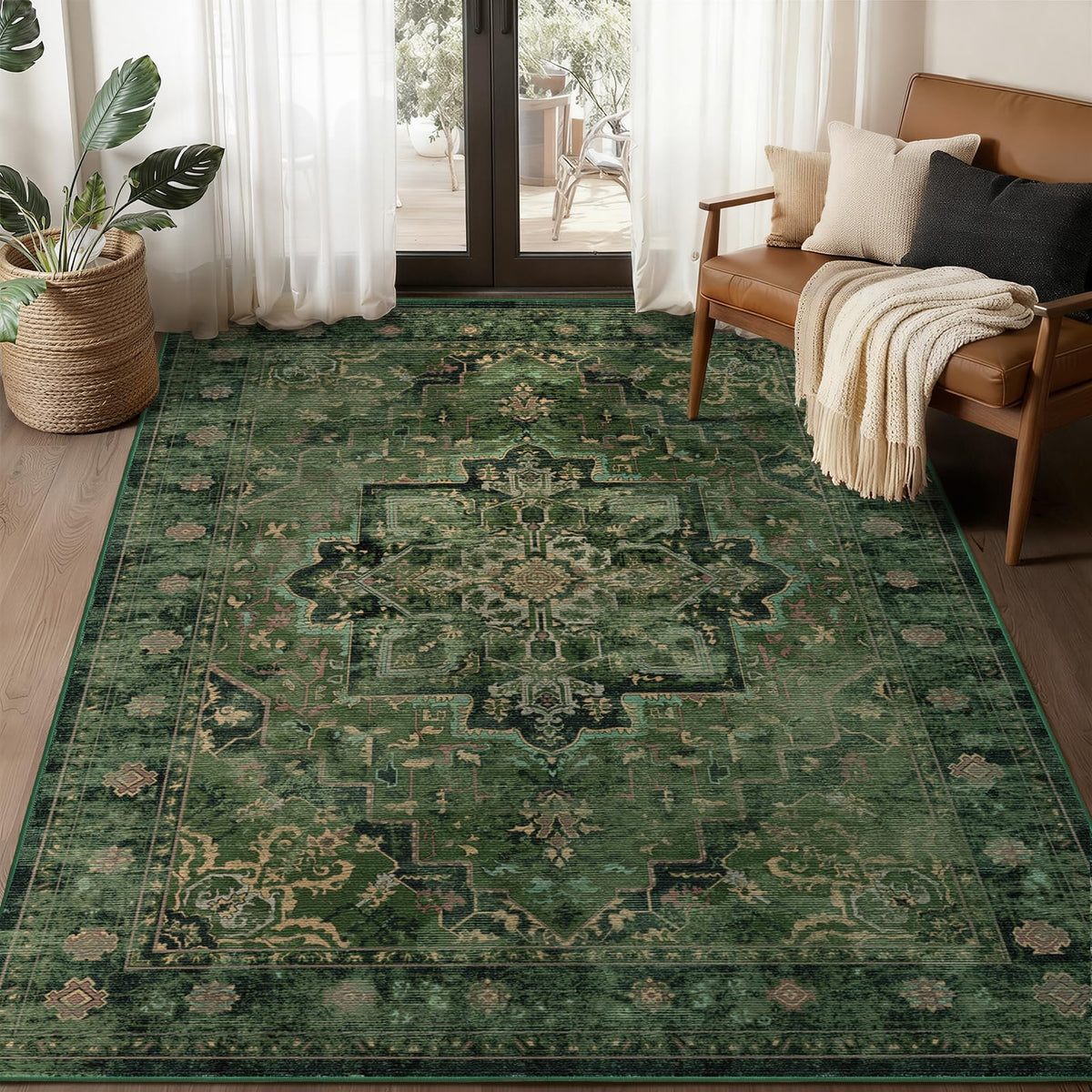 Jainmy front view of vintage dark green rug shows pattern and curb appeal