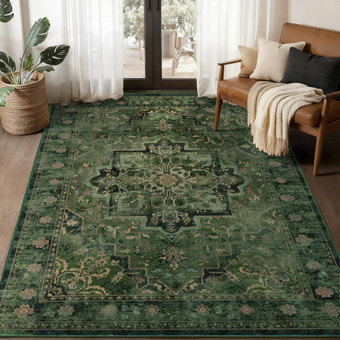 Jainmy front view of vintage dark green rug shows pattern and curb appeal