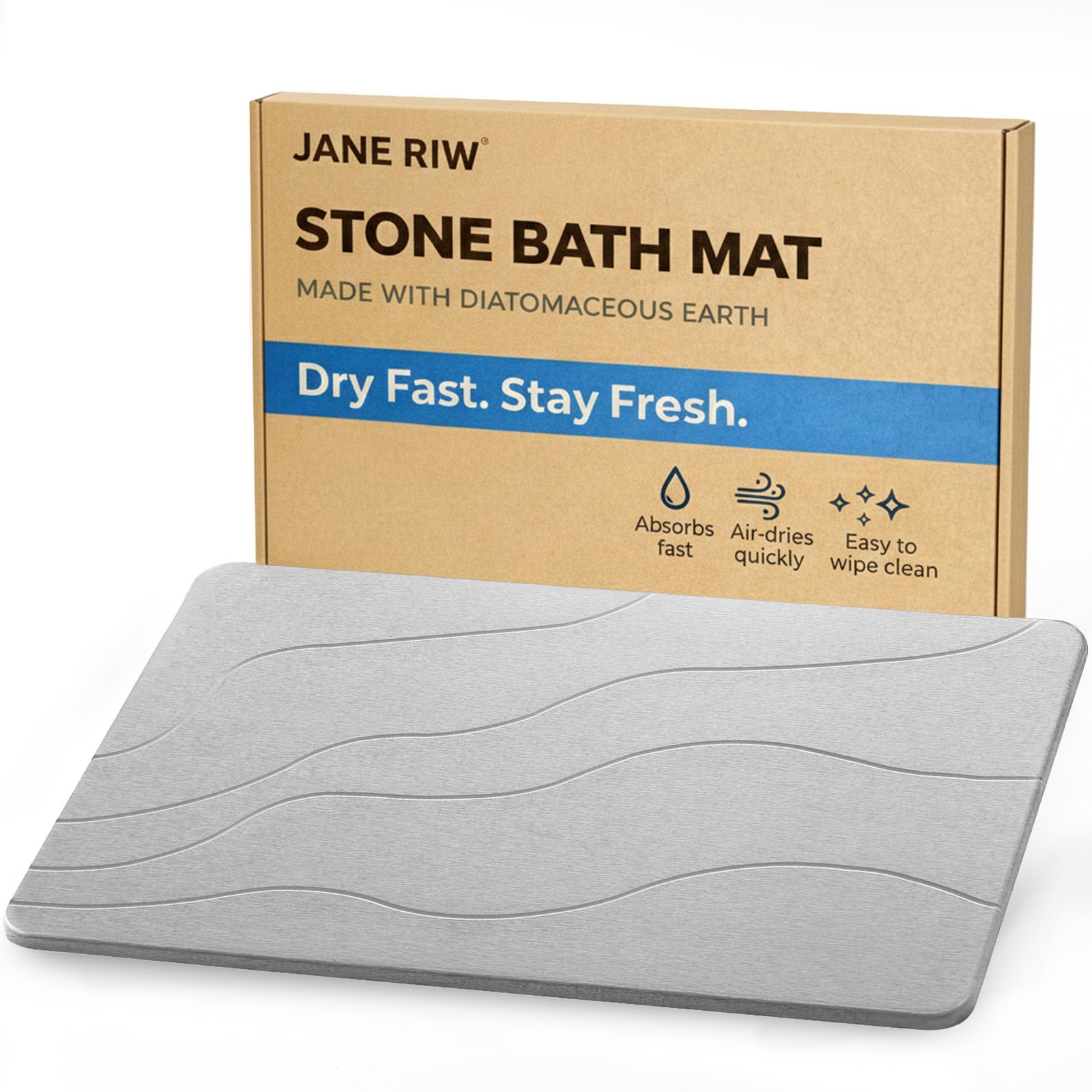 JANERIW front view of stone bath mat showing sleek minimalist look and easy upgrade