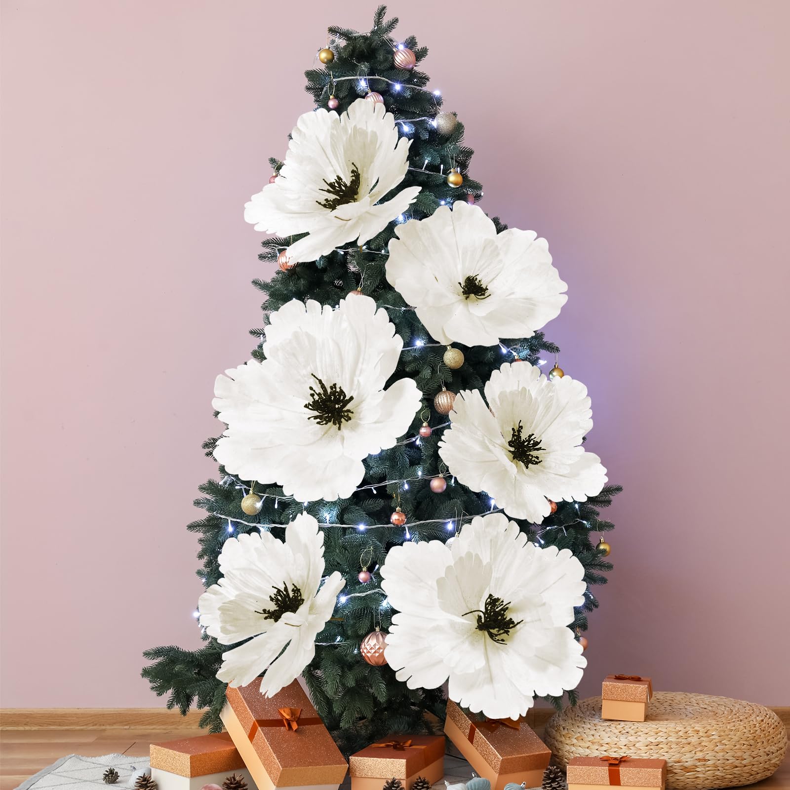 Janinka 12-inch blooms clustered on a Christmas tree adding depth and elegance