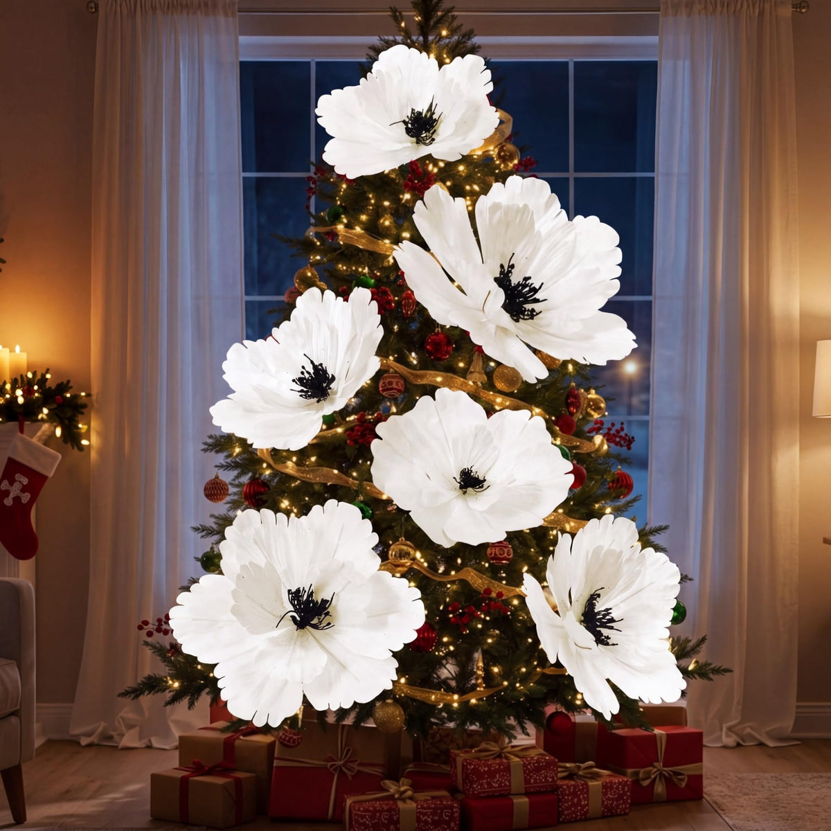 Janinka front packaging showing six white poinsettia blossoms, highlights dramatic impact