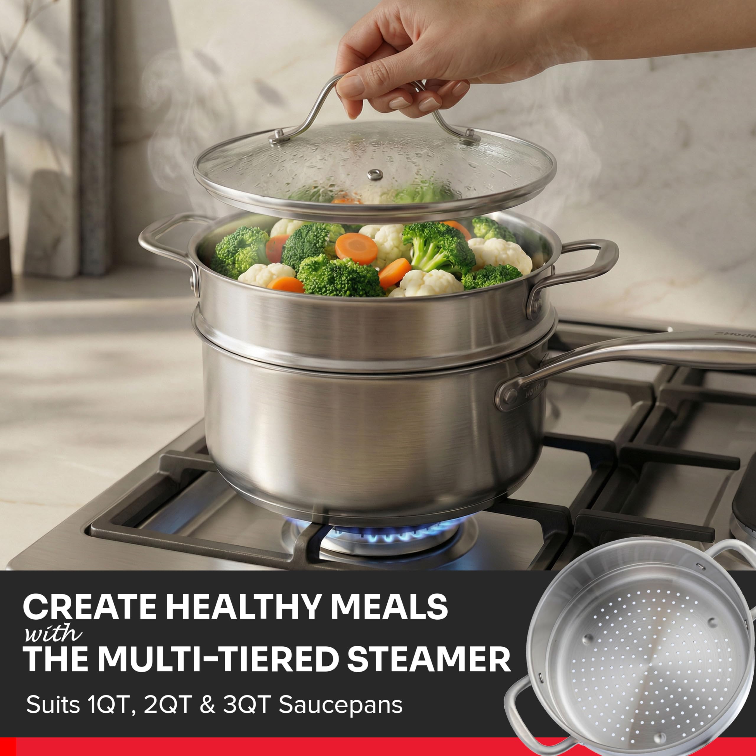 JANSKA Mueller full set arranged on stove showing versatility across burners