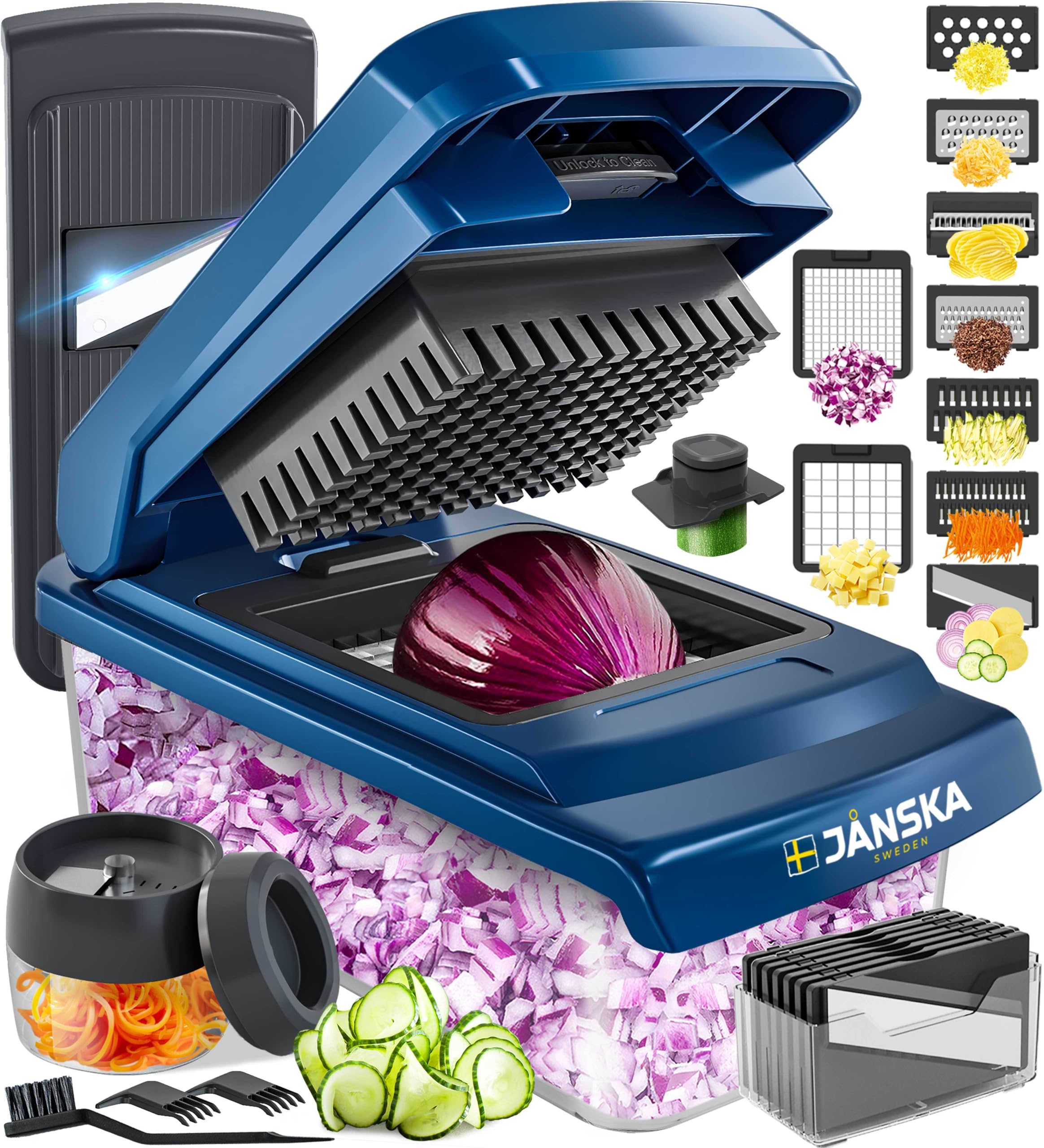 JANSKA UltraChop front view in blue showing compact all-in-one design and easy storage