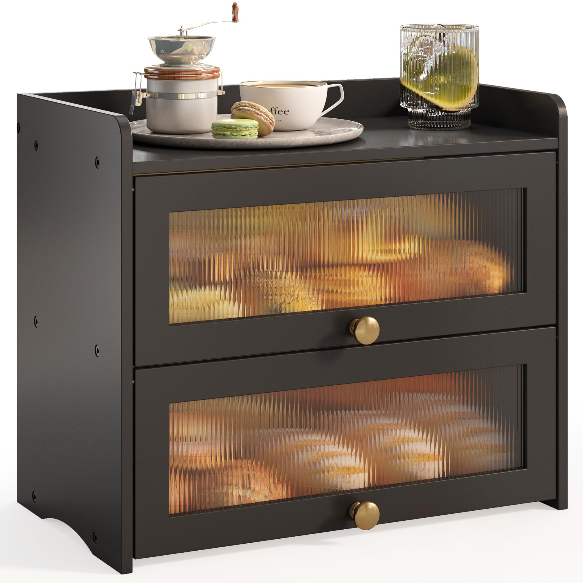 JANSNIMEN front view showing vintage bread box and tidy countertop benefit