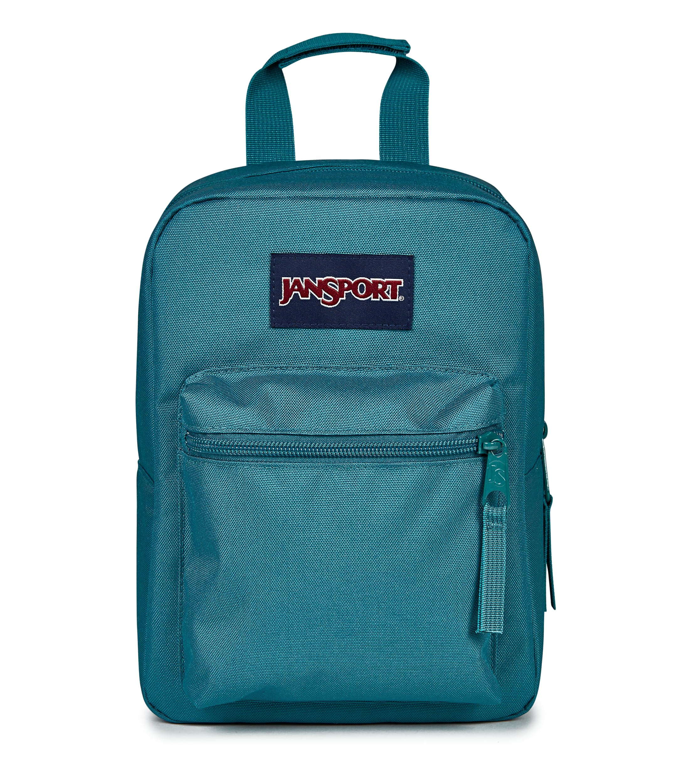 JanSport lunch bag front view showing emerald pool color and zip pocket, durable and stylish
