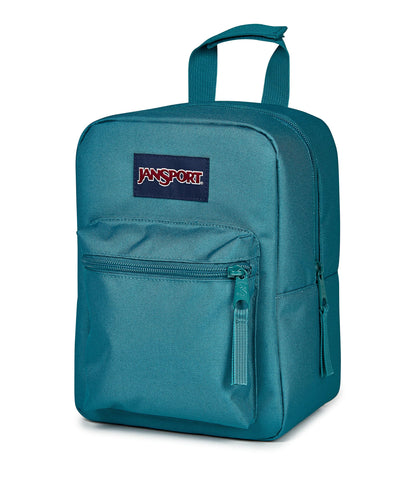 JanSport lunch bag attached to backpack showing haul strap convenience and hands-free transport