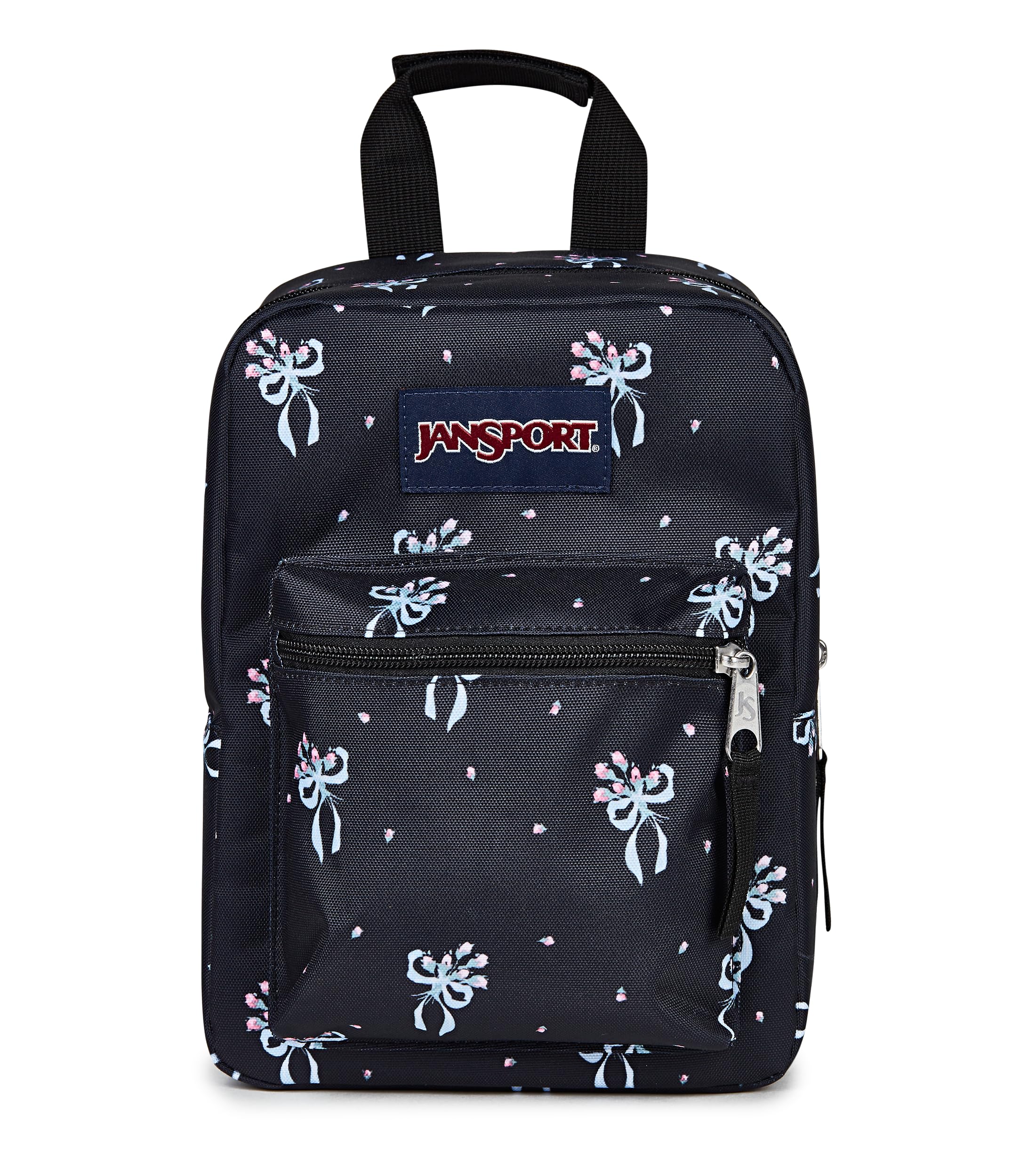 JanSport front view pastel petals showing roomy insulated compartment and organized pocket
