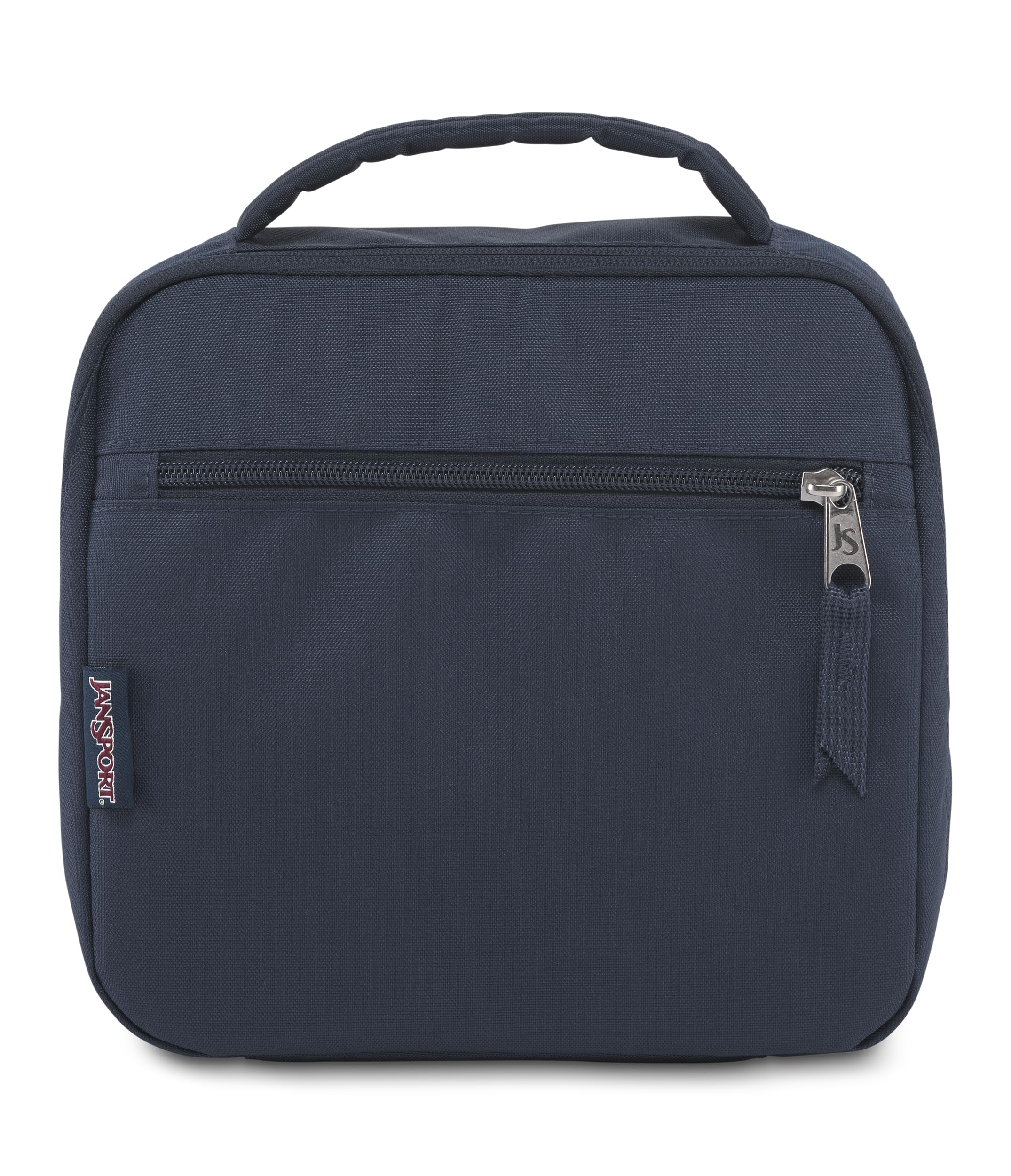 JanSport lunch break front view in navy showing compact, organized design and quick grab benefit