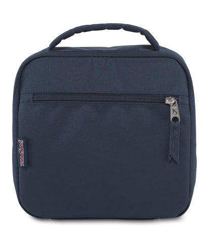 JanSport lunch break front view in navy showing compact, organized design and quick grab benefit