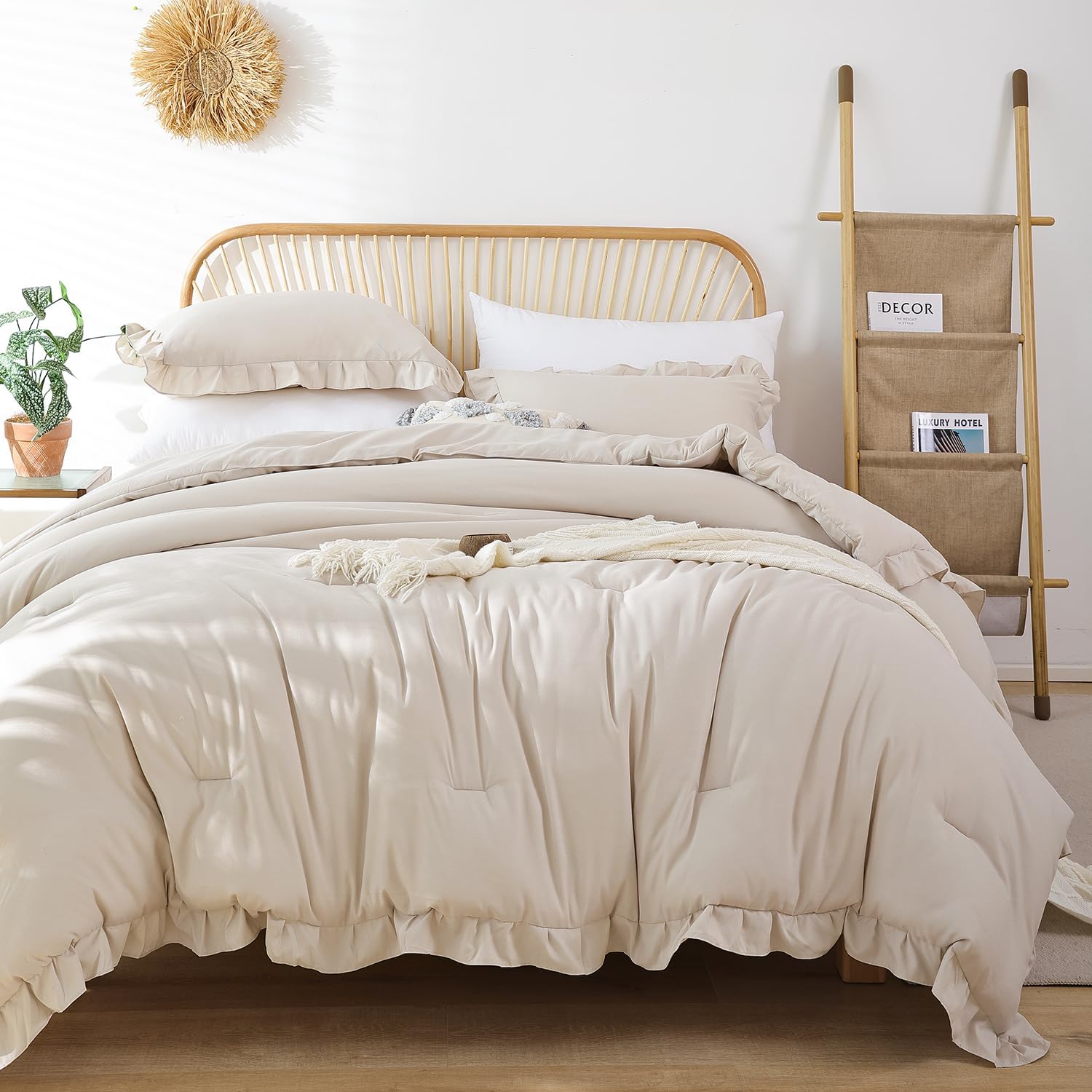 JANZAA front view of beige comforter on queen bed showing cozy style