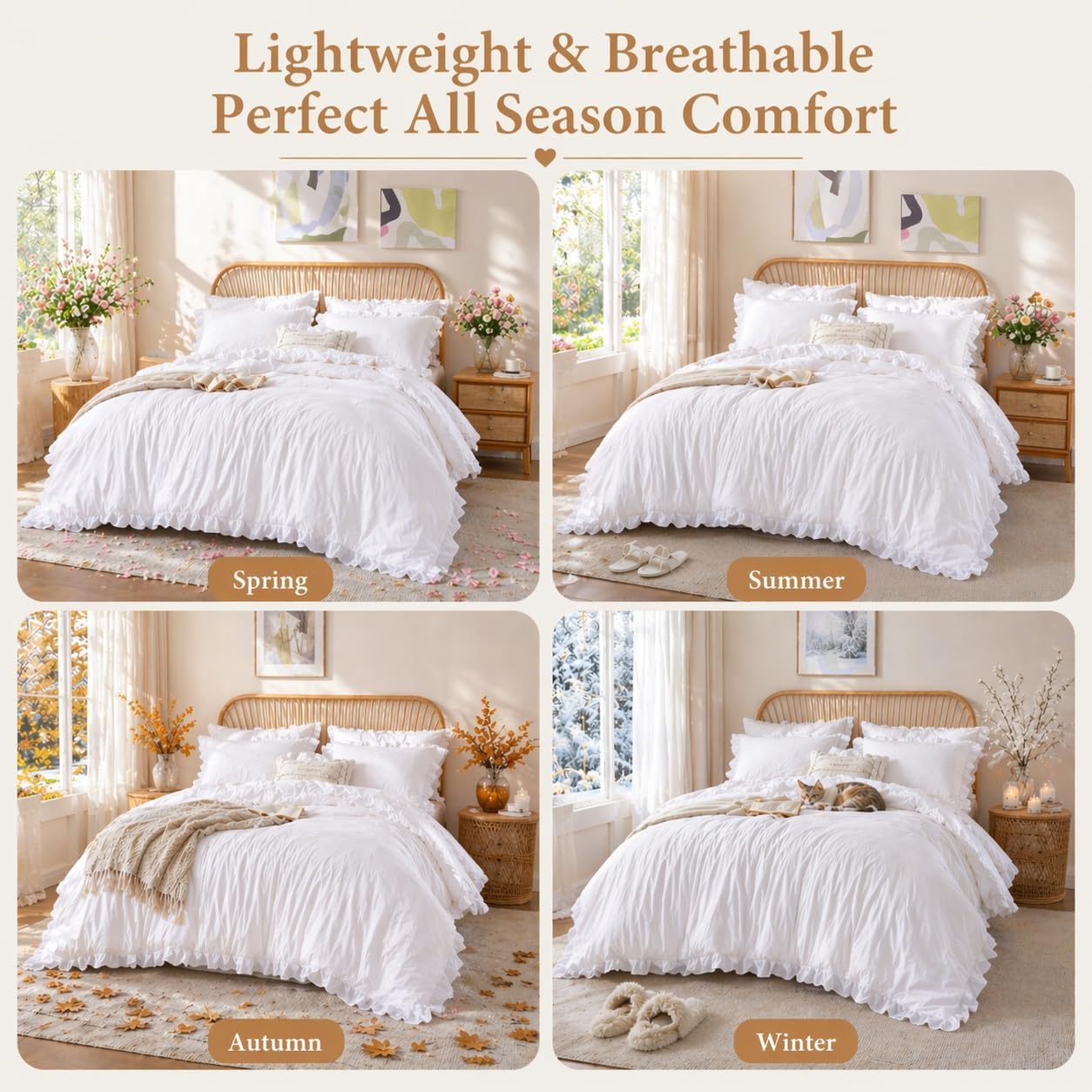 JANZAA comforter on queen bed in room illustrating airy, styled bedding
