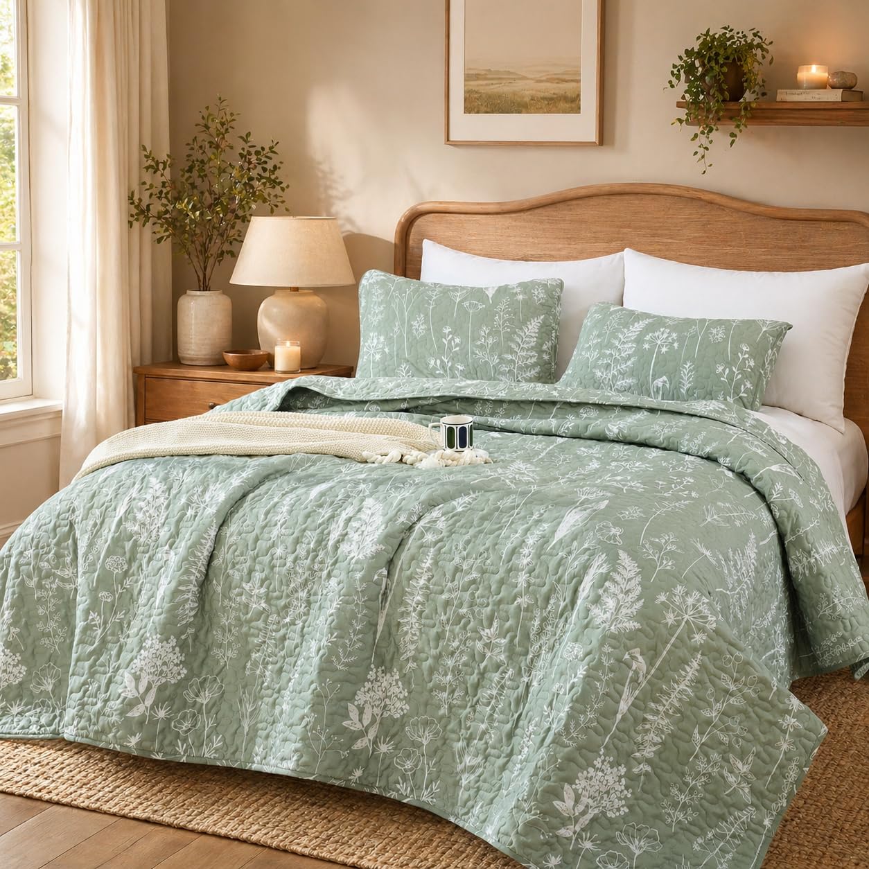 JANZAA front view of sage green quilt showing full floral design and polished look