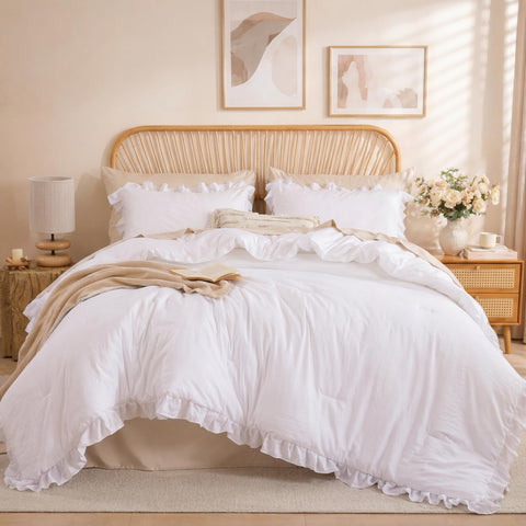 JANZAA front view of white comforter set showing ruffle and cozy look