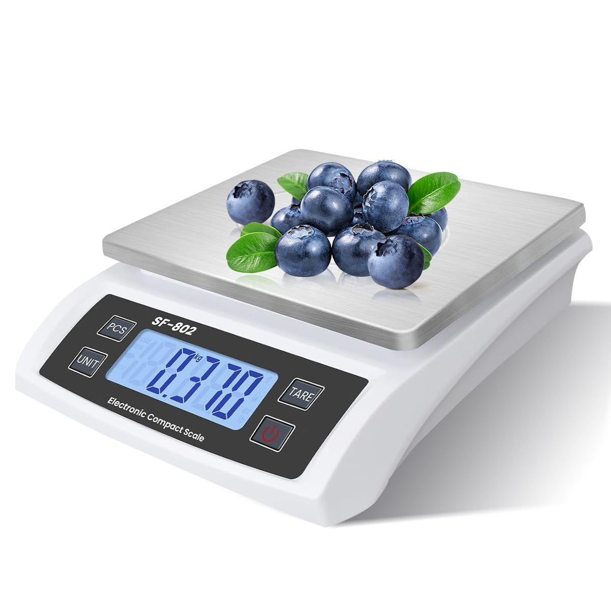 JAQAZNVB front view stainless white scale showing full platform and clear display for accurate weighing
