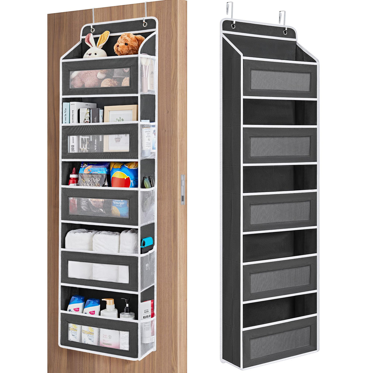 JARLINK front view of black five-shelf organizer showing neat storage and space saving