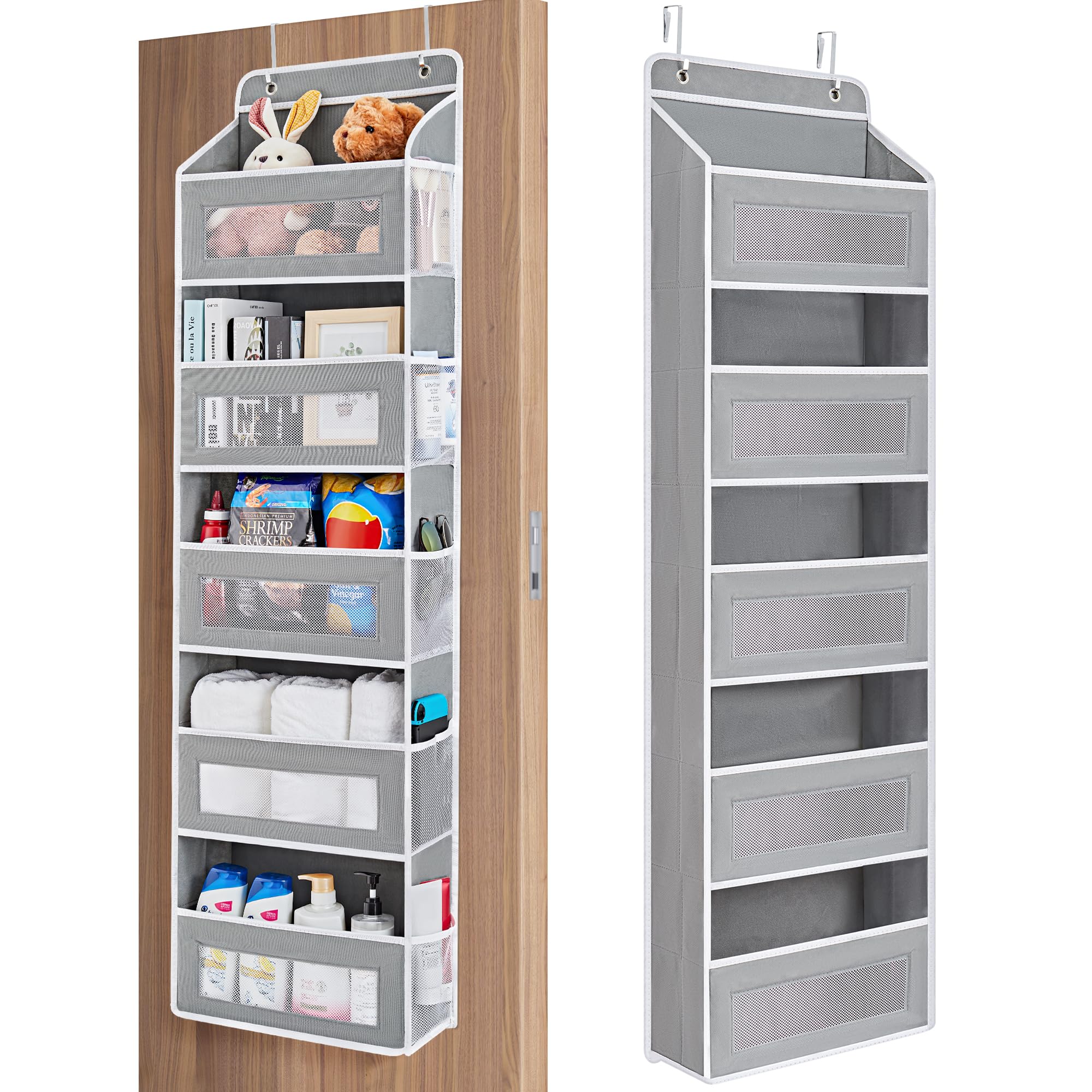 JARLINK front view of five-shelf over-the-door organizer showing neat storage benefit