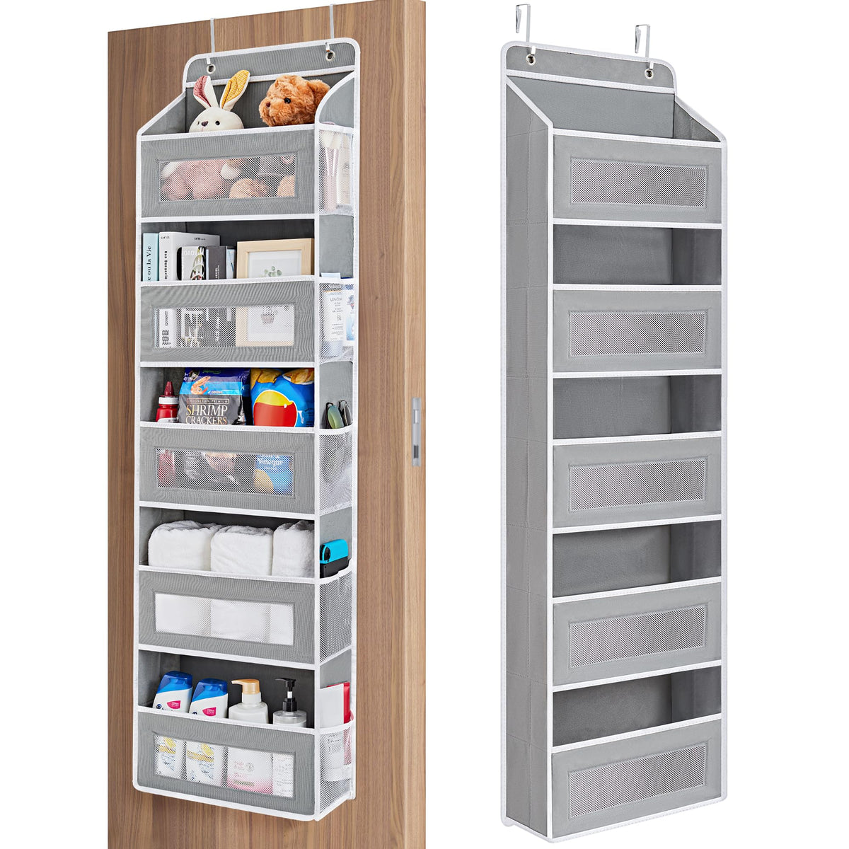 JARLINK front view of five-shelf over-the-door organizer showing neat storage benefit