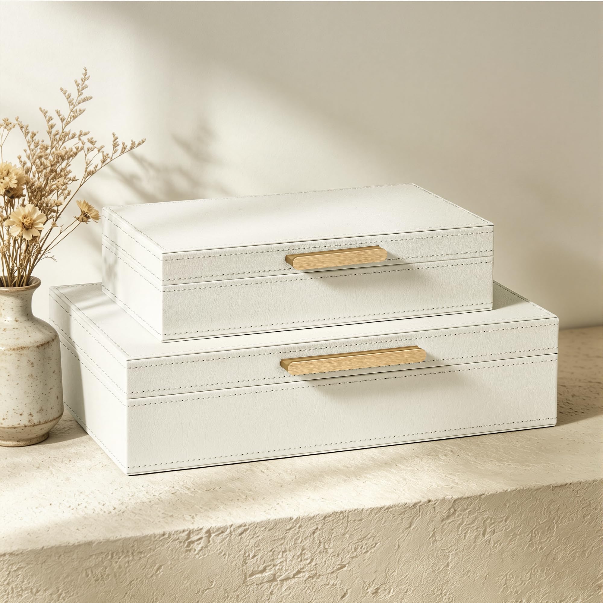 JARLINK front view of white storage boxes showing tidy styling and clean lines