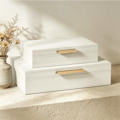 JARLINK front view of white storage boxes showing tidy styling and clean lines
