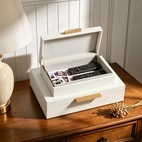 JARLINK stacked on bookshelf to save space and create organized display
