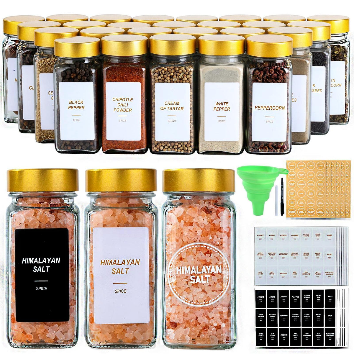 JARXSUN front view of 24 glass spice jars neatly arranged, shows organization benefit