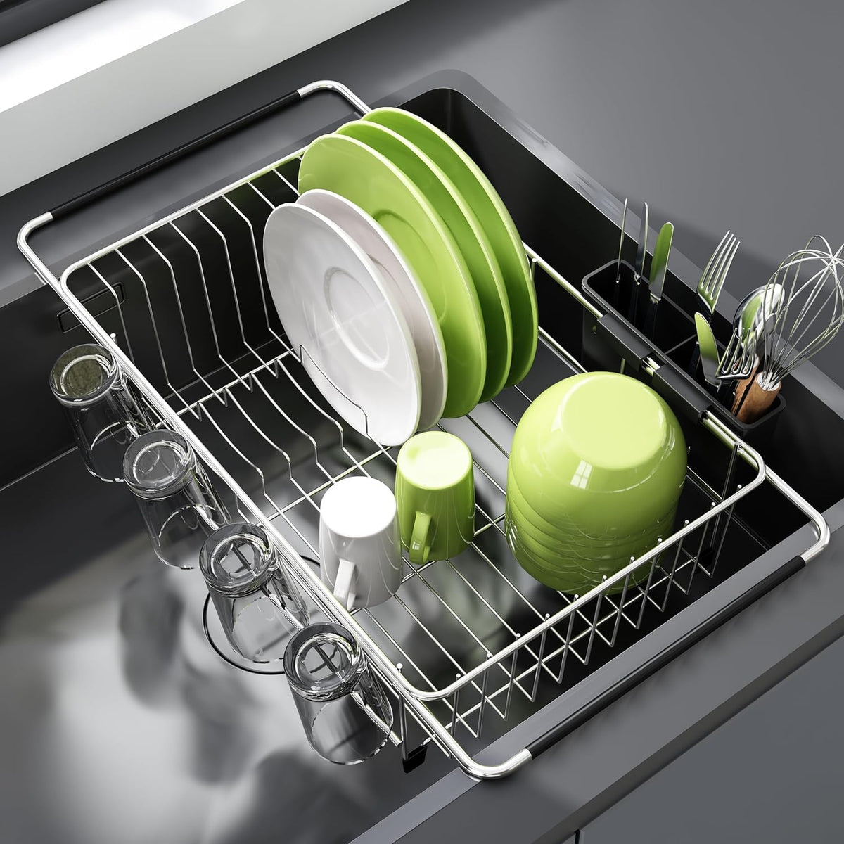 JASIWAY front view over-sink drainer showing space-saving benefit