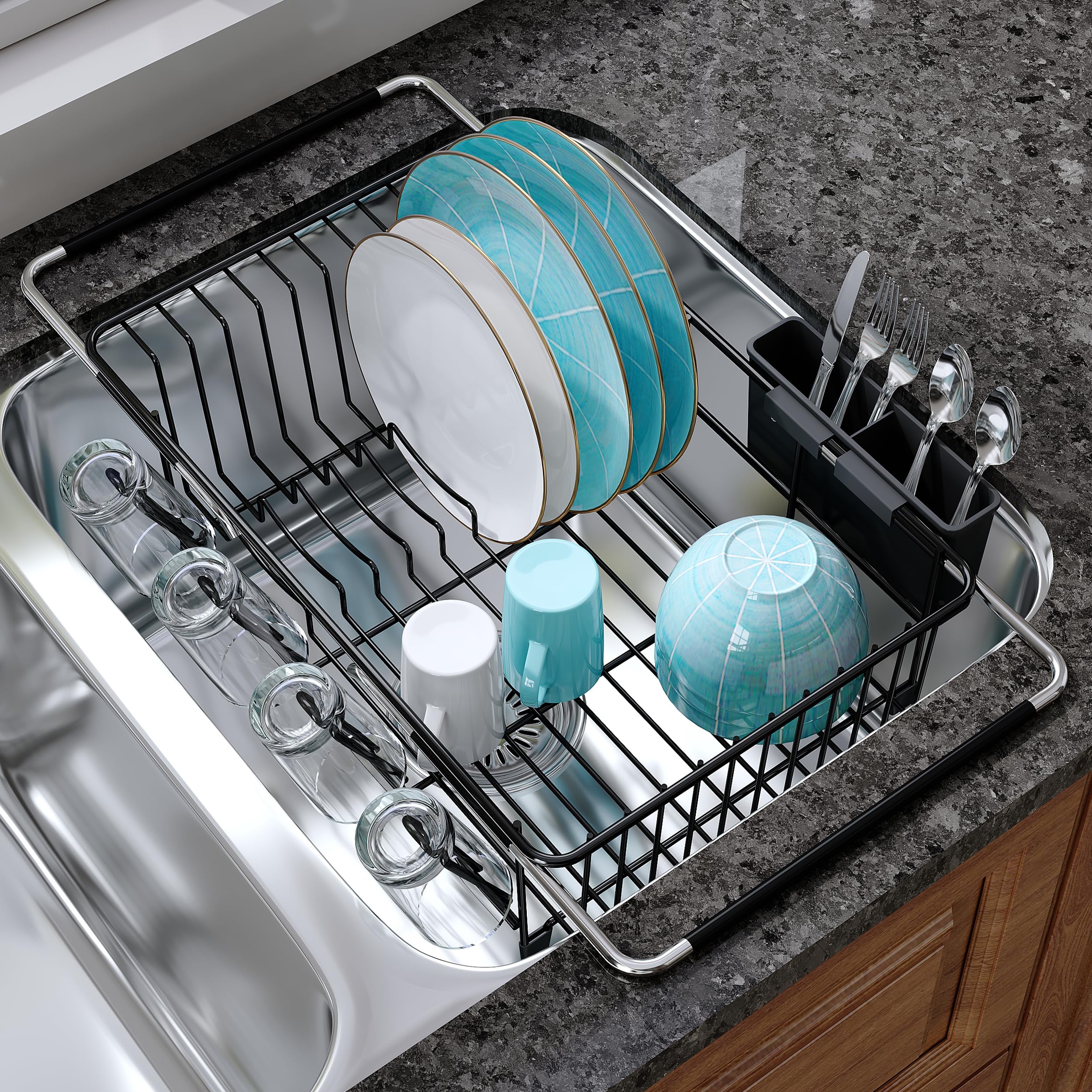 JASIWAY front view of black over-sink rack shows space-saving benefit
