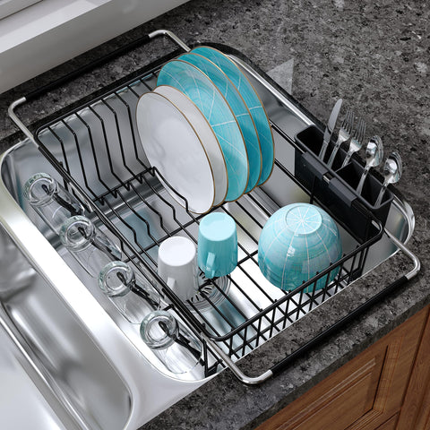 JASIWAY front view of black over-sink rack shows space-saving benefit