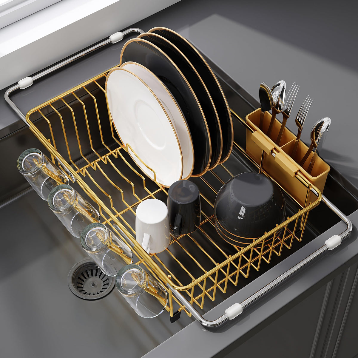 JASIWAY front view of gold dish rack showing compact design and organization benefit