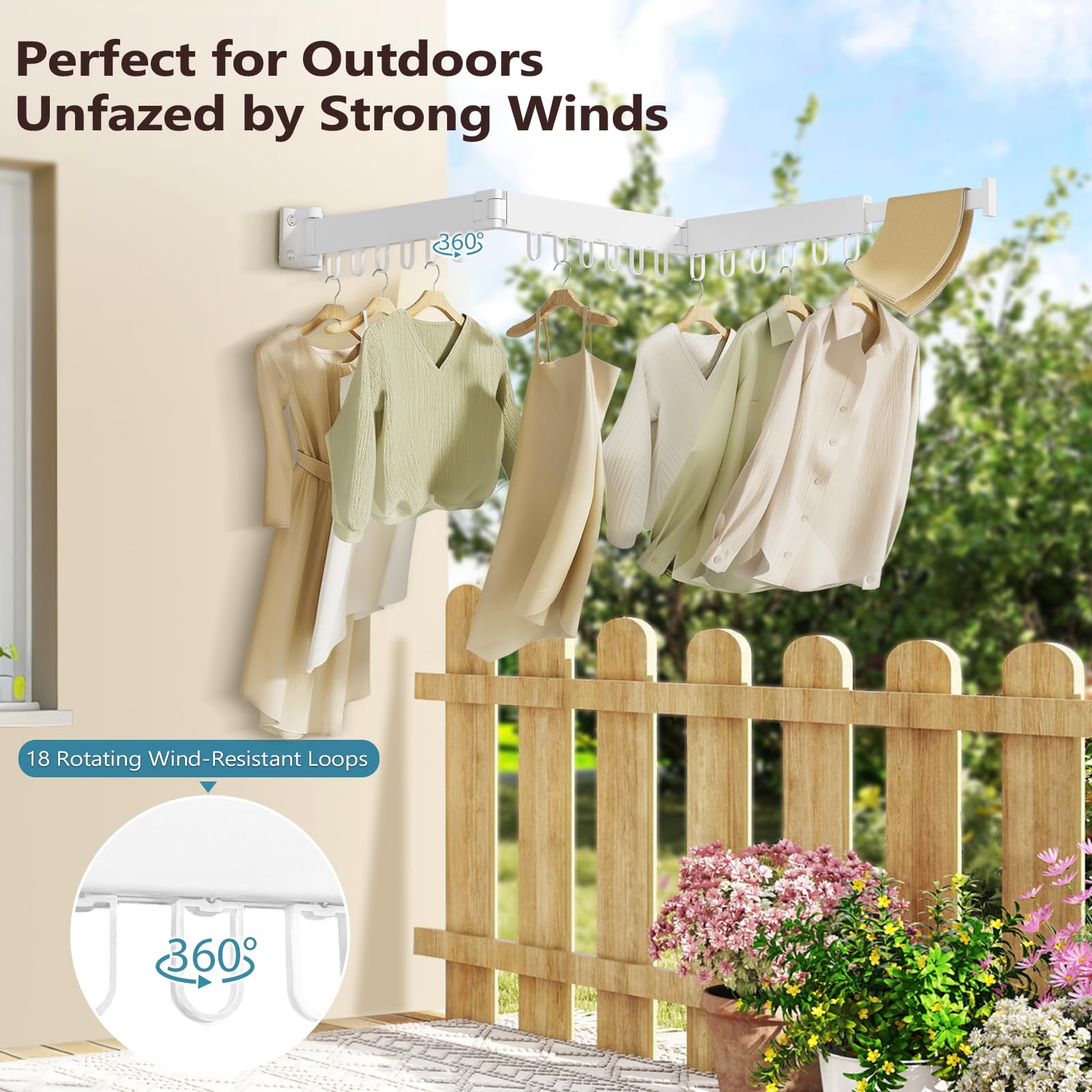 JAUREE detail of 18 rotating hooks showing secure, wind-resistant garment hold