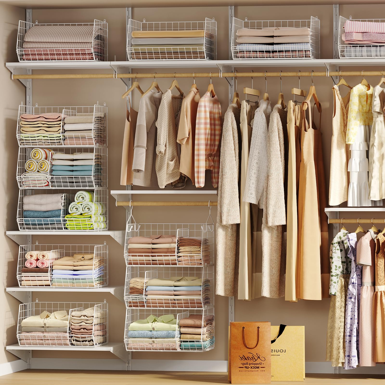 Jautokerdar installed in closet holding sweaters and bags for space saving