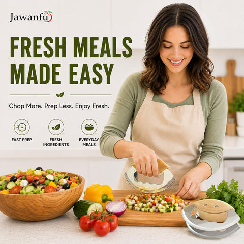 Jawanfu dual 3CR14 stainless blades close-up for precise chopping