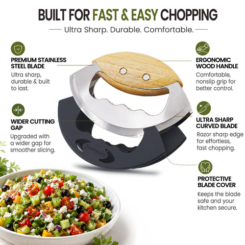 Jawanfu mezzaluna chopping salad in bowl for quick prep