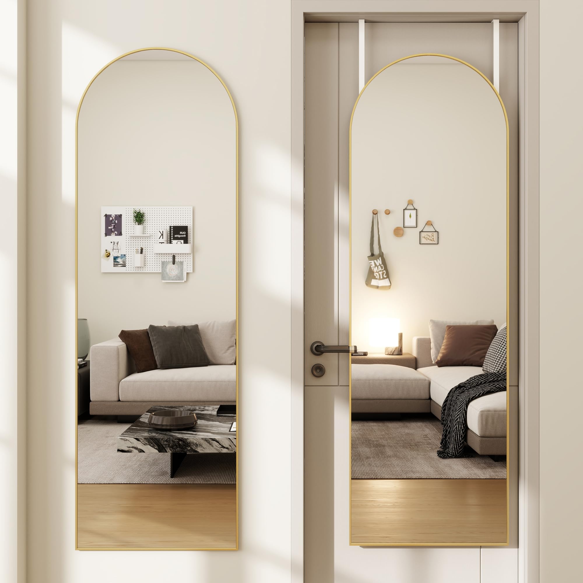 JAWGLOW arched full-length mirror front view showing gold frame and clear reflection benefit