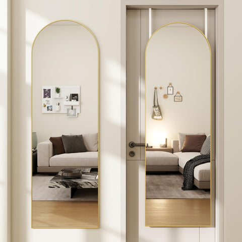 JAWGLOW arched full-length mirror front view showing gold frame and clear reflection benefit