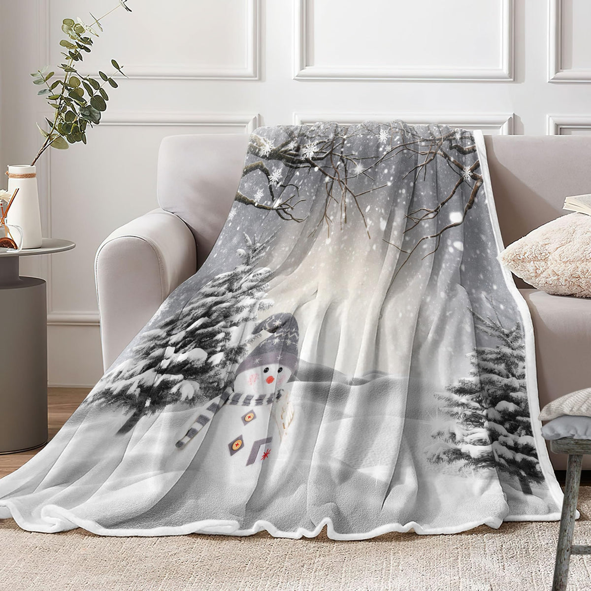 JAWO front view of holiday throw on couch showing festive design and warm look