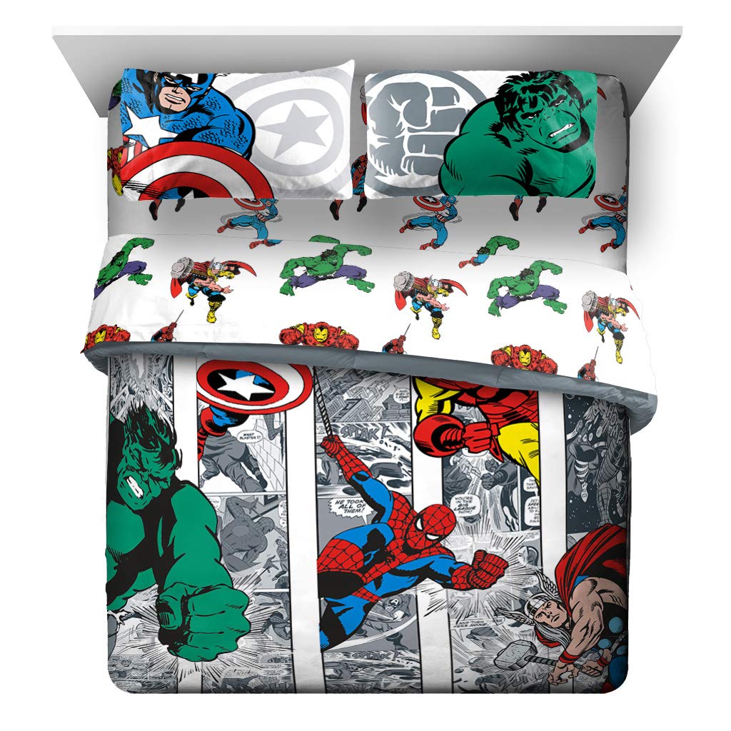 Jay Franco Avengers comforter front view showing bold graphics and full-bed coverage benefit
