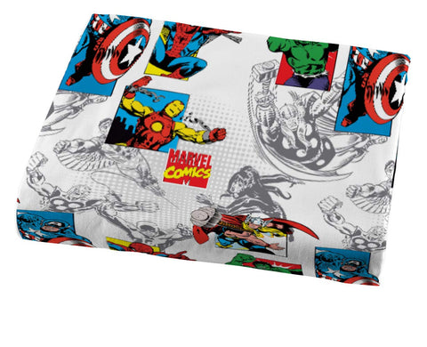 Jay Franco flat sheet pattern detail highlighting bright Avengers characters and durability