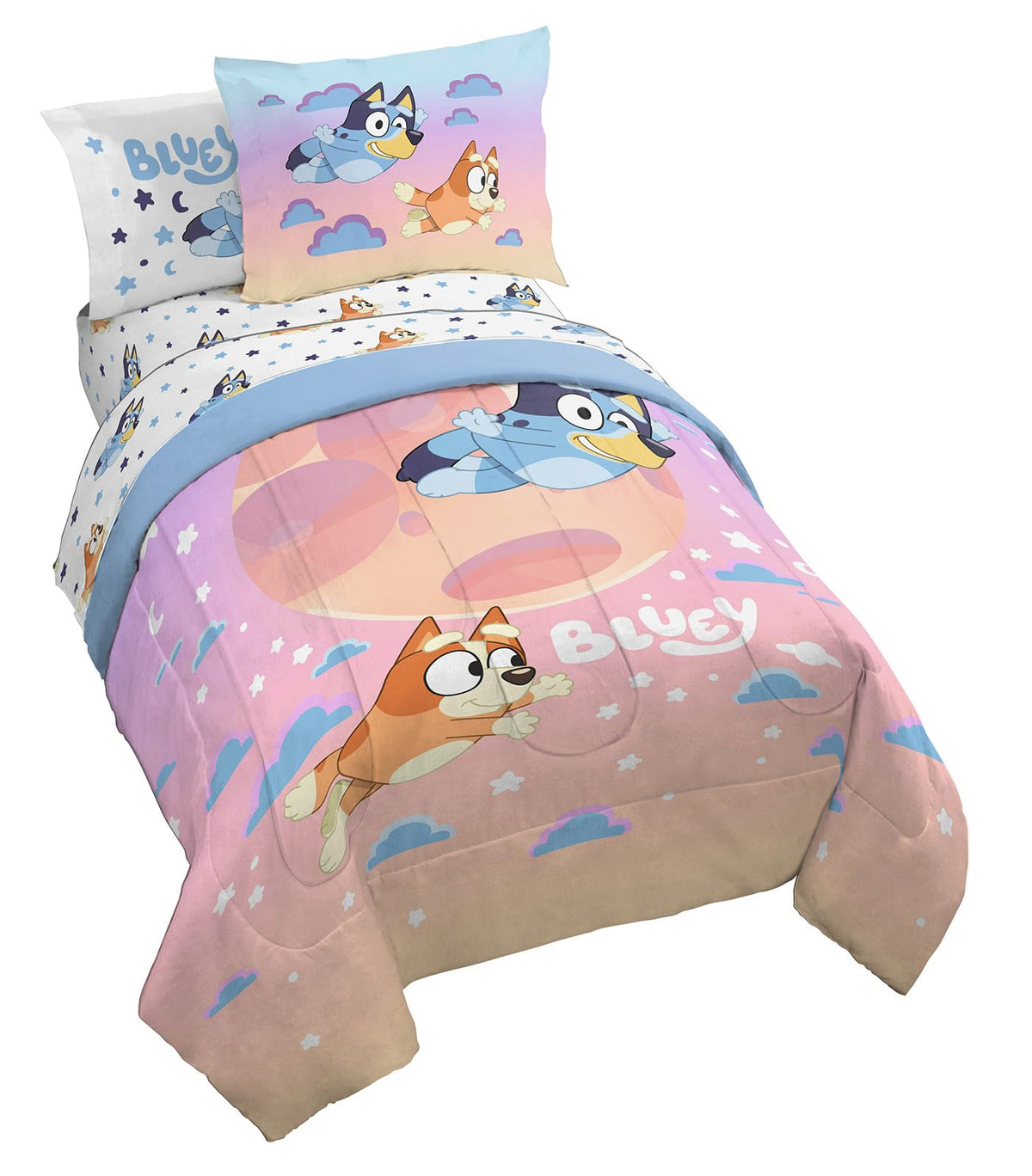 Jay Franco comforter front showing Bluey and Bingo characters, bright and fun