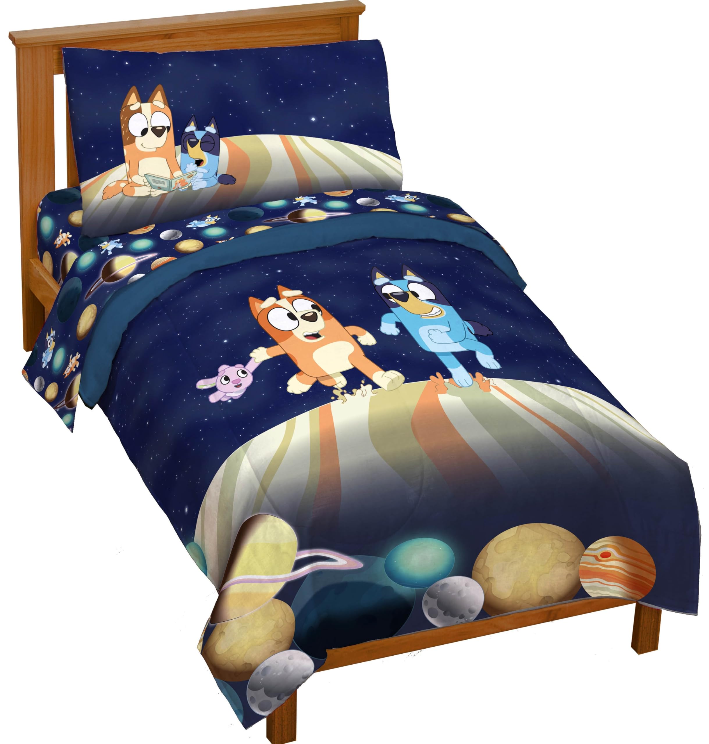 Jay Franco comforter front view showing Bluey and Bingo characters and bright colors for fun sleep
