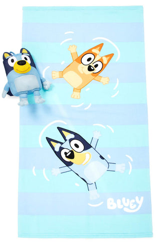 Jay Franco Bluey & Bingo towel and buddy displayed front view, fun bath set